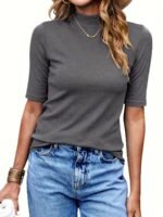 Women'S High-Neck Half-Sleeve Turtleneck T-Shirt - Stretchy Slim Fit Casual Top, Solid Black, Machine Washable For Spring/Fall Layering, Casual Attire Top, Versatile Fashion Top, Stretchy Fabric Top - Image 8