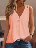 Solid Color Eyelet Zipper Top, Versatile Sleeveless Double Strap Top For Spring & Summer, Women'S Clothing - Image 5