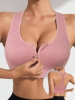 1Pc Women'S Sports Bra With Zipper Back, Hollow Out Seamless, Medium Support, Removable Padding, Knit Fabric, 90% Elastane 10%, Solid Color, For Yoga Fitness & Casual Wear - Image 2