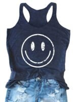 Smile Print Crew Neck Tank Top, Casual Sleeveless Tank Top For Summer, Women'S Clothing