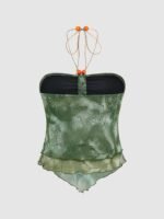 Women'S Bohemian Tie-Dye Mermaid Halter Top With Floral Print & Ruched Bust Detail - Stretchy Machine-Washable Shoulder/One-Shoulder Blouse For Beach Parties & Casual Outings, Mermaid Gifts, Allseason Clothing, Decorative Beading - Image 3
