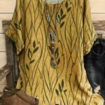 Women'S Plus Size Summer Loungewear Top - Breathable Loose Fit Leaf Print Blouse With Mustard Yellow & Green Design, Machine Washable Casual Home & Outing Shirt, Summer Blouse, Relaxed Outfit, Elegant Style, Easy Care, Stylish Shirt, Relaxed Style