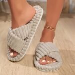 Women'S Cozy Plush Slides - Soft Beige Fleece Lining, Eva Sole, Classic Striped Design, Comfortable Indoor Shoes For All Seasons, Perfect Gift Idea, Indoor Slippers | Classic Striped Slides | Eva Sole Slippers - Image 2