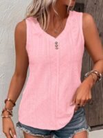 Women'S Plus Size Sleeveless Black Top With Fake Buttons - Casual V-Neck, Stretchy Fabric For Spring & Summer, Weekend Casual Wear, Casual Wear Top|Vneck Top|Stretchy Fabric - Image 2