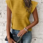 Textured Mock Neck T-Shirt, Elegant Cap Sleeve Top For Spring & Summer, Women'S Clothing