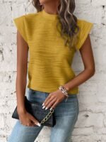 Textured Mock Neck T-Shirt, Elegant Cap Sleeve Top For Spring & Summer, Women'S Clothing