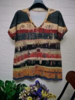 Women'S Bohemian Ethnic Print V-Neck Short Sleeve T-Shirt - Summer Casual Loose Fit Plus Size Top With Vibrant Geometric Patterns, Machine Washable, Cute T Shirts, Stylish Streetwear, Nontransparent Fabric - Image 8