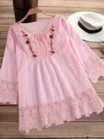 Women'S Plus Size V-Neck Lace Trim Blouse - Vibrant Yellow Loose Fit Tie-Front Shirt, Lightweight Semi-Sheer Casual Top For Spring Summer Fall, Machine Washable, Lace Blouse, Seasonal Fashion, Nonelastic Fabric - Image 7