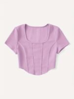 Solid Color Square Neck Bustier T-Shirt, Casual Short Sleeve Crop Knitted T-Shirt For Summer, Women'S Clothing - Image 3