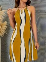 Geometric Print Keyhole Dress, Casual Tie Back Sleeveless Dress, Women'S Clothing - Image 3