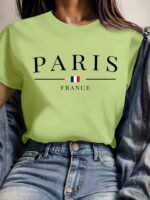 Paris France Casual Crew Neck T-Shirt - Geometric Pattern, Polyester Knit Fabric, Regular Length, Summer Wear, Soft And Comfortable - Image 2