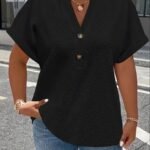 Women'S Elegant Middle Eastern-Inspired Black Button-Front T-Shirt - Stand-Up Collar Short Sleeve Top, Machine Washable Spring/Summer Casual & Formal Wear, Ladies T Shirts, Versatile Top, Sophisticated Style, Durable Material, Fashion Top, Summer Wardrobe, Everyday Top, Buttonfront Top, Lightweight Top, Stylish Blouse, Fashionconscious Women