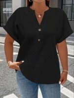 Women'S Elegant Middle Eastern-Inspired Black Button-Front T-Shirt - Stand-Up Collar Short Sleeve Top, Machine Washable Spring/Summer Casual & Formal Wear, Ladies T Shirts, Versatile Top, Sophisticated Style, Durable Material, Fashion Top, Summer Wardrobe, Everyday Top, Buttonfront Top, Lightweight Top, Stylish Blouse, Fashionconscious Women