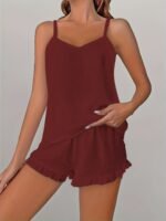 Women'S Plus Size Lace Trim Cami Pajama Set - Soft Polyester, Solid Color, Ruffled Detail, Comfortable Sleepwear For Spring/Summer/Fall, Relaxed Fit Pajamas | Ruffled Detail Clothing | Smooth Texture Fabric - Image 9