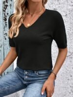 Women'S Elegant V-Neck Blouse - Short Sleeve Solid Color Top For Casual Or Chic Outfits, Machine Washable Polyester, Perfect For Spring & Fall, Spring Fashion | Elegant Style | Workout Fabric - Image 6