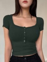 Women'S Elegant Ribbed Crop Top With Button Front - Pink, Short Sleeve, Button-Up Shirt For Spring/Summer, Polyester Blend, Machine Washable, Spring Fashion Tee | Buttonup Shirt | Texture - Image 8