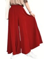 Plus Size Women'S Elegant Casual Wide-Leg Pants With Elastic Waist & Smocking Detail - Solid Color Non-Stretch Fabric, Middle Eastern-Inspired Design For All-Season Versatile Wear