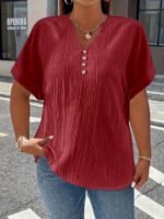 Plus Size, Women'S Plus Size New European And American Spring/Summer Short Sleeve Button Solid Color Elegant Casual T-Shirt - Image 4