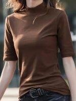 Women'S Casual Stretch T-Shirt - Vibrant Green Solid Color, Stand-Up Collar, High Elasticity, Machine Washable, All-Season Comfort Fit, Cute T Shirts, Versatile Clothing, Pearl Necklace Accent - Image 7