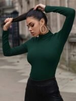 Slim Mock Neck Plain Color T-Shirt, Casual Long Sleeve Top For Spring & Fall, Women'S Clothing