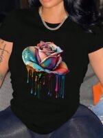 Rose Print Crew Neck T-Shirt, Casual Short Sleeve Tee For Spring & Summer, Women'S Clothing - Image 3