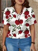 Plus Size Rose Print V Neck T-Shirt, Casual Short Sleeve Top For Spring & Summer, Women'S Plus Size Clothing - Image 8