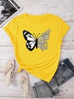 Women'S Casual Butterfly & Daisy Floral Print Round Neck T-Shirt - Olive Green, Machine Washable, Regular Fit For Casual Attire, Allseason Fashion, Relaxed Style, Nontransparent Fabric - Image 2