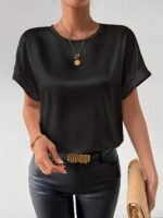 Women'S Batwing Short Sleeve Round Neck Blouse - Elegant Solid Color Non-See-Through Shirt, Machine Washable Lightweight Top For Spring Summer Fall, Versatile Casual & Formal Wear, Seasonal Fashion, Flowing Silhouette, Smooth Texture - Image 5