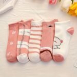 5 Pairs Women'S Cute Cartoon Cat Print Ankle Socks - Breathable Fabric, Assorted Patterns (Stripes, Polka Dots, Hearts) In Pink, White & Beige, Perfect For Casual Attire, Cute Socks - Image 4