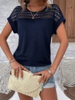 Women'S Batwing Short Sleeve T-Shirt - Lace Contrast Raglan Sleeves, Round Neck Longline Top, Burgundy & White Elegant Design, Machine Washable All-Season Casual Wear, Vacation Clothing, Nontransparent Fabric - Image 3