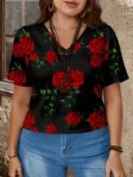 Plus Size Rose Print V Neck T-Shirt, Casual Short Sleeve Top For Spring & Summer, Women'S Plus Size Clothing - Image 10