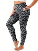 Women'S Plus Size High Waist Tummy Control Leggings With Side Pockets, 88% Polyester 12% Elastane, Knit Fabric, Stretchy Cropped Yoga Pants For Running & Fitness, All Season Solid Color Athletic Skinny Pants - Image 9