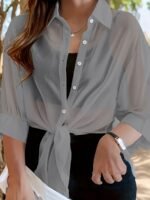 Plus Size Women'S Lightweight Semi-Sheer Chiffon Shirt - Casual Beach Cover-Up With Front Tie Bow, Loose Fit Open Front Button-Up For Swimsuits & Dresses, Machine Washable Spring/Summer Tops, Summer Layering Piece, Foldover Collar, Elegant Ruching, Vacation Outfit, Flowy Texture, Stylish Cover Up, Beachgoers Outfit - Image 4