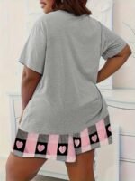 Women'S Plus Size Pajama Set, Cute Cartoon Heart & Leopard Print, Polyester 95% Elastane 5%, Knit Fabric, Slight Stretch, Crew Neck, All Season Sleepwear, 140Gsm - Grey - Image 3