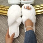 Women'S Plush Faux Fur Cross-Strap Slip-On Slippers - Open-Toe Indoor House Shoes With Eva Sole, All-Season Cozy Warmth & Fluffy White Design For Home Comfort, Cute Slippers - Image 6
