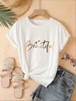 Women'S Casual Crew Neck T-Shirt With Heart & Letter Print - "Beautiful" Design, Short Sleeve, Loose Fit, Black, Perfect For Spring/Summer/Fall, Ladies T Shirts - Image 5