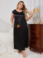 Sexy V-Neck Long Nightgown For Women - Soft Polyester & Elastane Blend, Semi-Sheer With Bow Detail, Machine Washable - Perfect For Fall