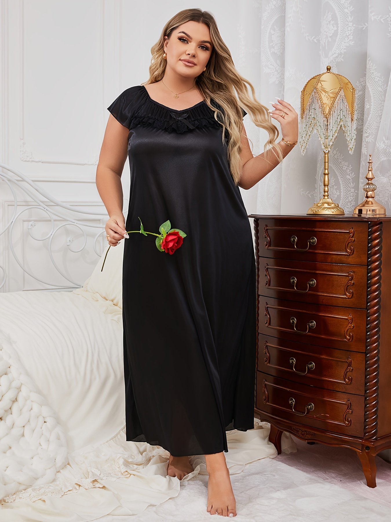 product-fancy-c6c329e8-a8f8-4200-ad8c-4d11430c32ec.jpg Sexy V-Neck Long Nightgown For Women - Soft Polyester & Elastane Blend, Semi-Sheer With Bow Detail, Machine Washable - Perfect For Fall - Image 1
