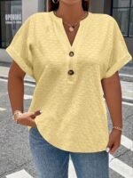 Women'S Light Green V-Neck Blouse With Button Details - Casual Short Sleeve Top For Spring/Summer, Soft Polyester Fabric, Elegant Solid Color Design, Versatile Blouse | Vneck Blouse | Elastane Comfort Fit - Image 4
