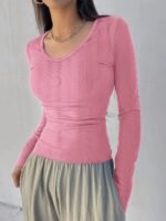 Solid Color Crew Neck T-Shirt, Casual Long Sleeve T-Shirt For Spring & Fall, Women'S Clothing - Image 3