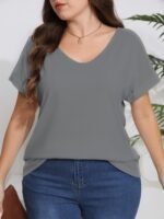 Plus Size, Plus Size Women'S Elegant V-Neck T-Shirt - Soft Semi-Sheer Fabric, Vibrant Red, Machine Washable, Spring Summer Fall Casual Top, Ladies T Shirts, Seasonal Fashion, Sophisticated Casual, Comfortable Fit - Image 3