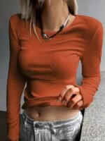 1Pc Women'S Long Sleeve Thermal Lined T-Shirt, 95% Polyester 5% Elastane, Crew Neck, Solid Color, Knit Fabric, Regular Length, Suitable For All Seasons - Image 8