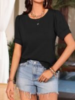 Crew Neck Solid T-Shirt, Elegant Ruched Short Sleeve Top For Spring & Summer, Women'S Clothing - Image 4