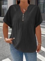 Plus Size, Women'S Plus Size New European And American Spring/Summer Short Sleeve Button Solid Color Elegant Casual T-Shirt - Image 7