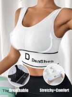 Danshen Women'S High-Support Sports Bra - Wireless, Padded, Stretchy Nylon Blend For Yoga & Running, Mint Green Ribbed Design With White Logo, Machine Washable - Image 3