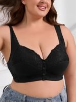 Plus Size Women'S Front Closure Wire-Free Contrast Lace Bra - Jacquard & Lace Trim, Non-Removable Padded Cups, Minimalist Everyday Comfort For Autumn Winter, Elegant Lingerie, Soft Fabric Construction - Image 2