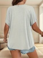 Plus Size Solid Lace Stitching T-Shirt, Casual V Neck Short Sleeve Top For Spring & Summer, Women'S Plus Size Clothing - Image 5