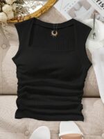 Women'S Y2K Style Solid Color Square Neck Tank Top, 250G Polyester Non-Padded Ribbed Knit Vest For All Seasons, Fashion Sleeveless Shir - Image 3