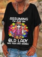 Women'S Casual Loose Fit V-Neck Short Sleeve T-Shirt - Vibrant Green Print With "Assuming I'M Just An Old Lady" Slogan & Floral Fashion Glasses Design, Medium Stretch Machine Washable Top For Spring Summer Fall, Ladies T Shirts, Relaxed Weekend Outfit, Playful Statement Shirt, Comfortable Stretch Fabric, Fun Statement Wear - Image 2