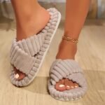 Cozy Women'S Fashion Indoor Slippers - Plush Gray Fabric With Cross Strap, Open-Toe Design, Non-Slip Eva Sole For Warmth And Comfort, Ideal For Home Use, House Slippers - Image 2